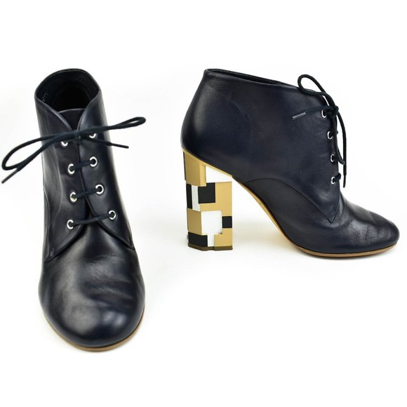 CHANEL Shoes - CHANEL: Navy Blue, Leather & "CC" Logo Ankle Boots